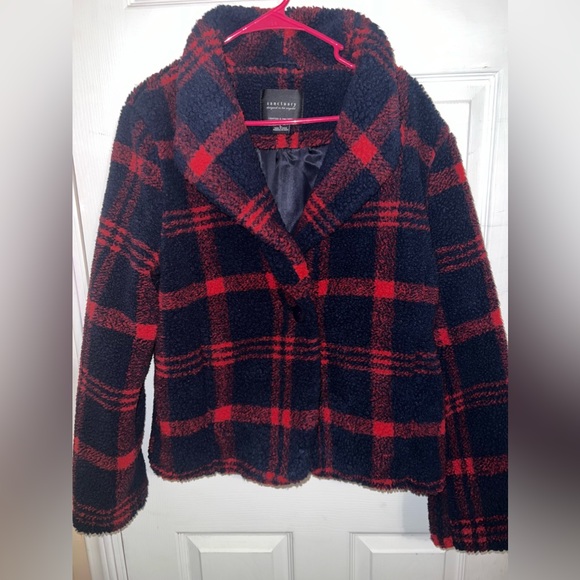Nwot! Sanctuary Blue Red Plaid Faux Sherpa Fleece Jacket ✨ - Picture 2 of 7
